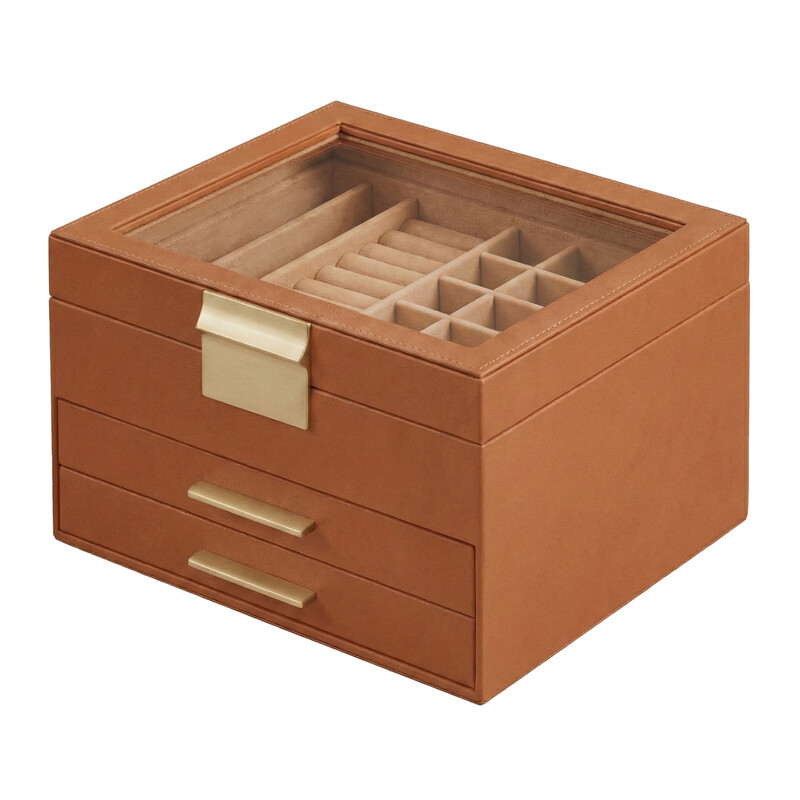 JOYFURNOS Sieradendoos met Glazen Deksel, 3-Lagen Sieraden Organizer, 2 Lades, Sieradenopslag, 20 x 23 x 13,5 cm, Bruin, Goud