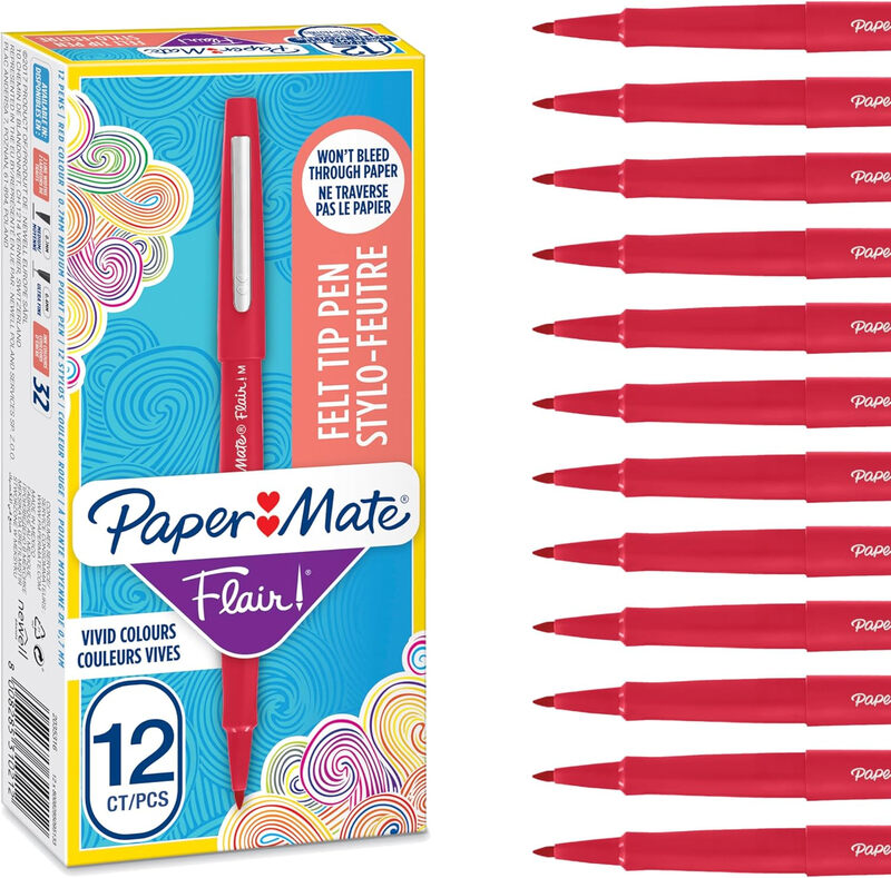 Flair Medium Felt Tip Pen Red, Pack of 12