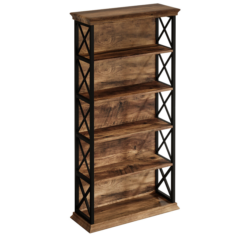 LANTINE 5-Tier Bookshelf, 180 cm Industrial-Style Bookshelf/Cabinet, Floorstanding 5-Tier Display & Storage Shelf, Tall Bookshelf for Home Office, Living Room, Bedroom, Brown & Black