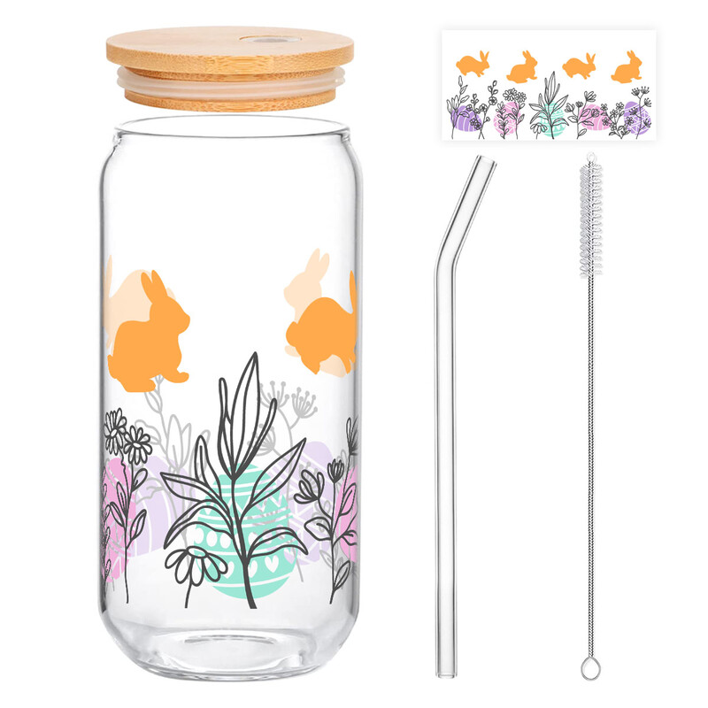 1pc Easter Bunny Glass Tumbler, 500ml Clear Iced Drink Cup with Orange Rabbit Silhoue