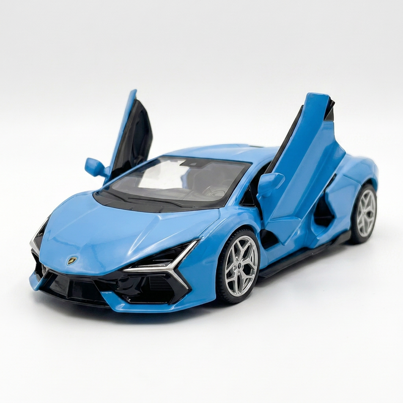 Lamborghini Revuelto schaal 1:36, matblauw, deuren open, pull-back actie, die-cast modelauto, verzamelobject, speelgoed voor kinderen, cadeau