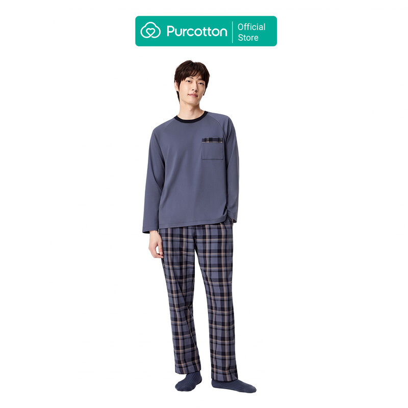 Men's Lustrous Cotton Top + Gauze Long Pants Loungewear Set, Twilight Blue, Top: UK 40 (L); Bottom: UK 34 (L)