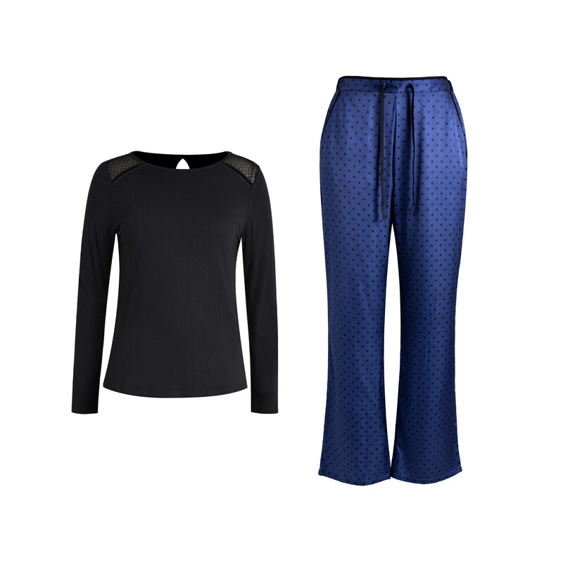 round-neck black long sleeved top and navy polka dot pants set S