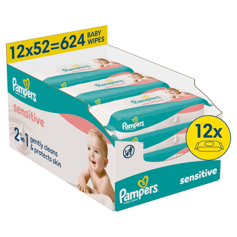 Pampers Baby Wipes Sensitive 12 x 52s Plastic Free