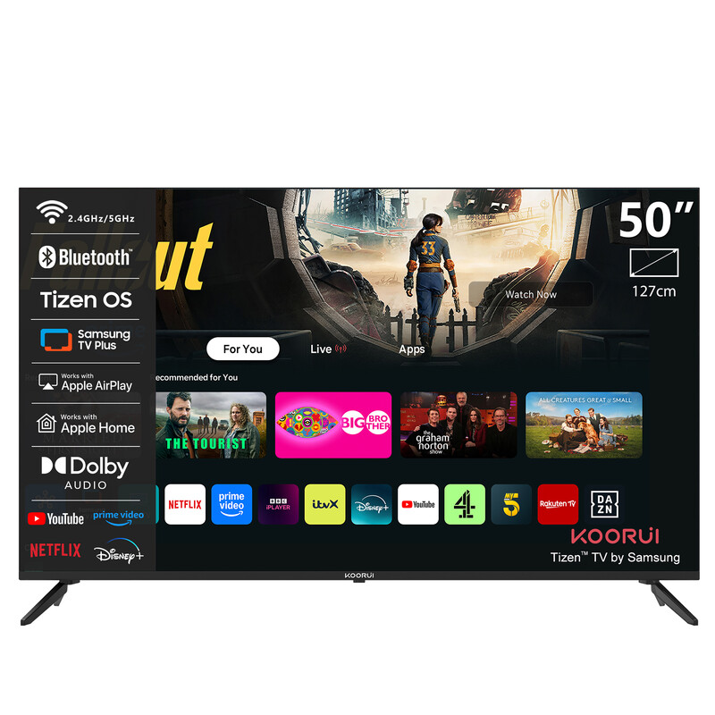 KOORUI K50Q1UQ-T8, 50 Zoll, 4K QLED, TIZEN TV, Rahmenloses Design, Dynamischer Sound mit Dolby Audio, Hochwertiges Metalldesign