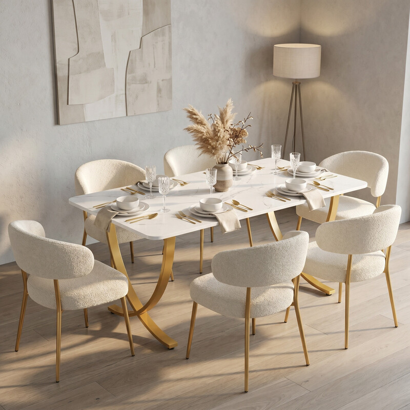 Moderner Esstisch für 6 Personen, 160 x 80 x 75 cm, Wohnzimmer Tisch, Rechteckig, Küchentisch, Esstisch für Esszimmer und Küche, Wohnzimmer, Modernes Design, Weiß und Gold