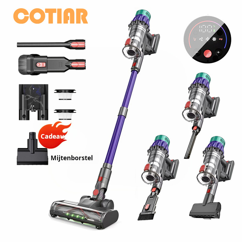 COTIAR V22 draadloze steelstofzuiger, 650 W, 55 kPa zuigkracht, borstelloze ontwerping, 1,2 l capaciteit, LED-display, voor vloeren, tapijt en dierharen, paars