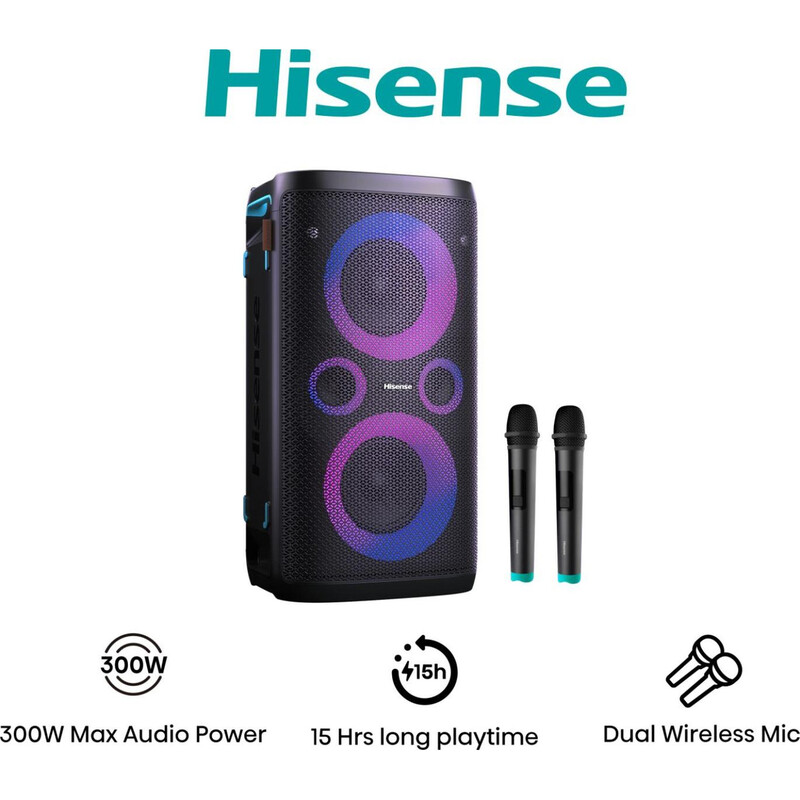 Hisense PARTYSTORM1 Tragbarer Bluetooth-Lautsprecher, 300 W Leistung mit dynamischen Lichteffekten im schicken Schwarz für jede Party