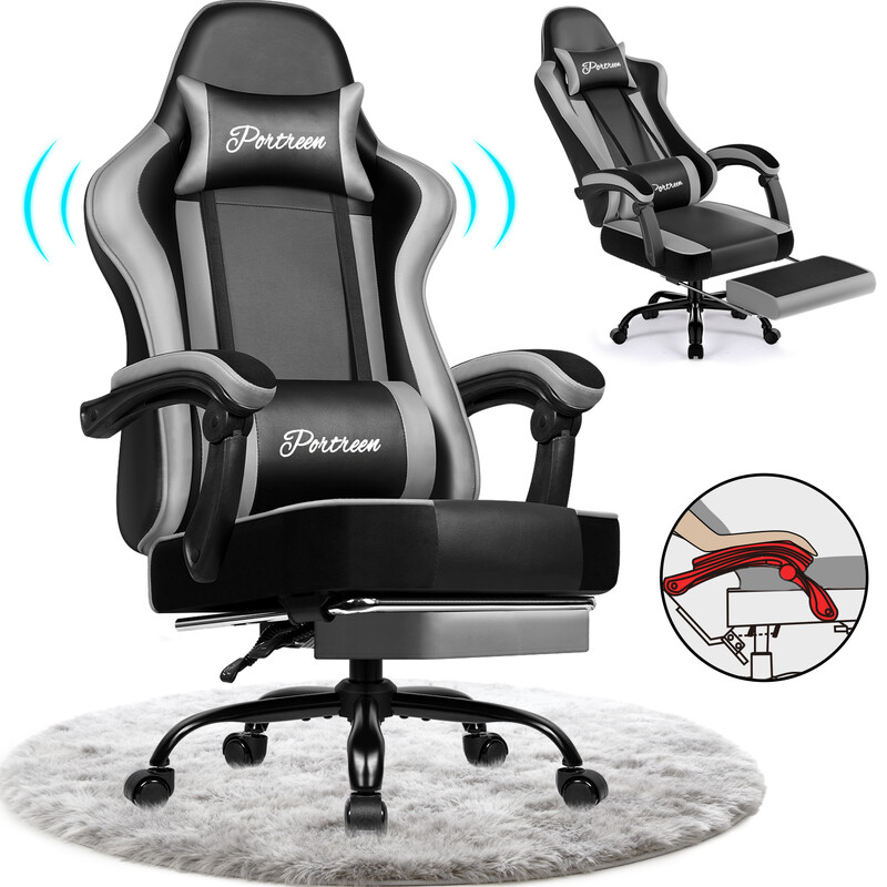 GTIMEX Gaming Chair Ergonomic Office Chair with Extendable Footrest Gaming Chair with Headrest and Lumbar Support Padded Gaming Chair, Load Capacity 150 kg Height-Adjustable Gaming Chair, Grey