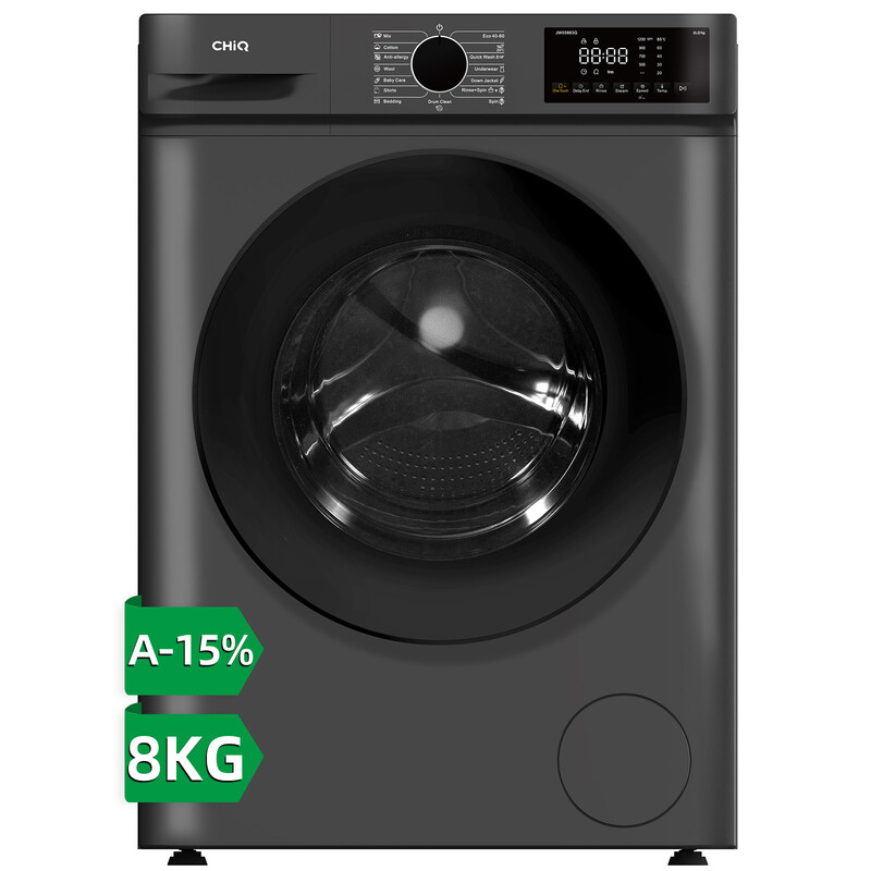 CHiQ 8 kg frontlader wasmachine, donkergrijs, energieklasse A-15%, grote trommel 530 mm, 1400 toeren, 16 programma's, stoomwassen & 1-touch smart wash JW85883G