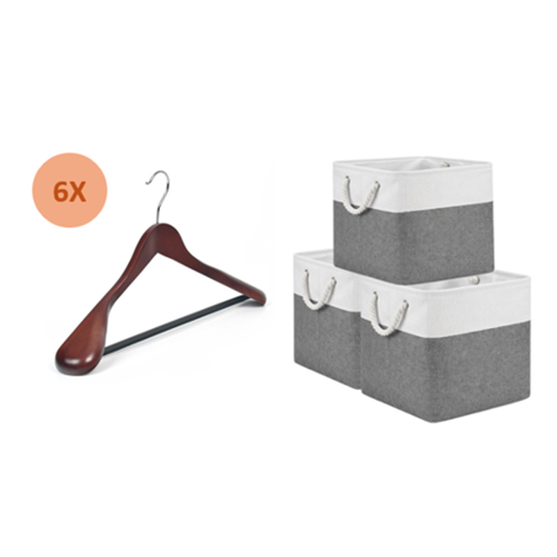 [Set voor kledingkastorganisatie] 6-pack hoogwaardige houten kledinghangers + set van 3 opvouwbare 28×28 cm stoffen opbergkubussen, lade-inzetten