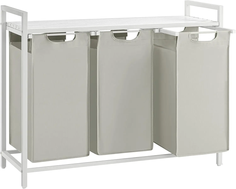 VASAGLE Wäschekorb 2 Fächer, Wäschesammler mit Ablage, Wäschebox, Wäschesack aus Oxford-Gewebe abnehmbar, Metallrahmen, 2 x 46 L, 73 x 33 x 72 cm, cremeweiß-mattweiß
