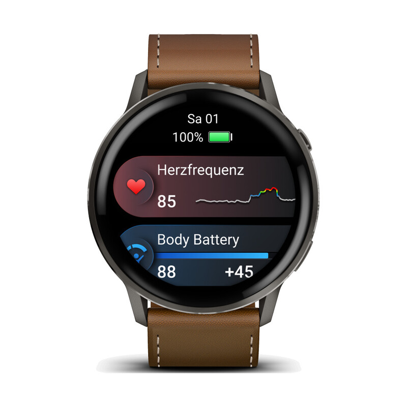 Garmin Venu 4 45 mm Zwart/donkerbruin Leren Bandje