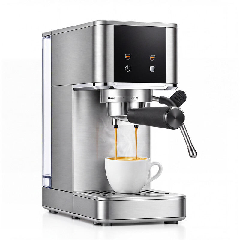 ochama halfautomatische 2-in-1 espresso en capsule koffiemachine, 15 Bar druk, zichtbaar aanraakscherm, 1,4L afneembare watertank, geïntegreerde melkopschuimer, compact voor thuisgebruik, voor espresso en americano extractie