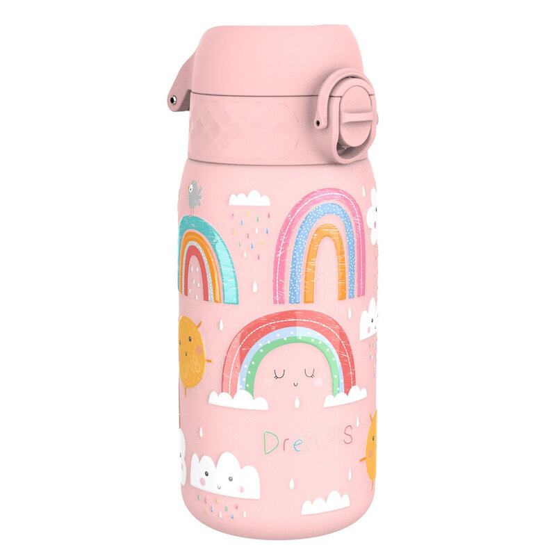 ION8 lichtgewicht roestvrijstalen waterfles voor kinderen, 400 ml/13 oz, niet geïsoleerd, lekvrij, eenvoudig te openen, veilige vergrendeling, vaatwasserbestendig, past in bekerhouders, draaggreep, metalen waterfles, roze, regenboog