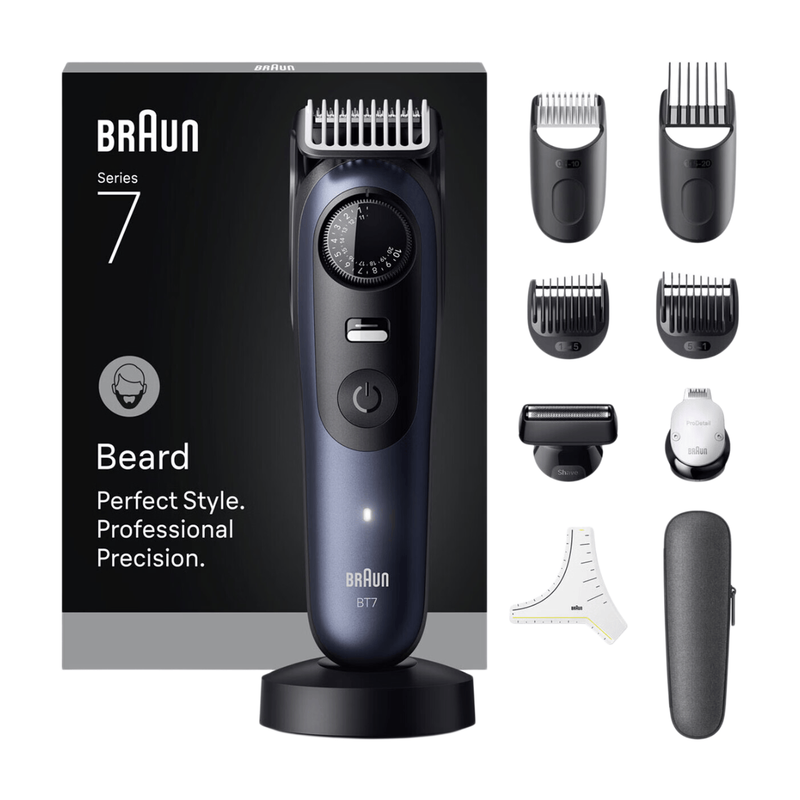 Braun Beard Trimmer Series 7, +10 Barbering Tools, 40 Lengths, Problade, Bt7540, Blue