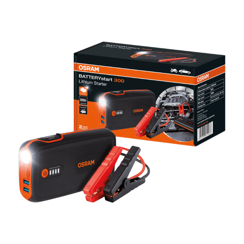 OSRAM BATTERYstart 300, compacte en krachtige lithium-starthulp met powerbank-functie, 1500 A, 12 V, voor motorfietsen en auto's, tot 6 liter benzinemotoren en 3 liter dieselmotoren