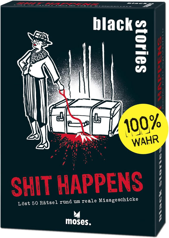 Moses. Black Stories Shit Happens - 50 Rätsel über echte Missgeschicke, Krimi-Kartenspiel mit Spielvarianten und Punktechips, Rätselspiel für Jugendliche und Erwachsene