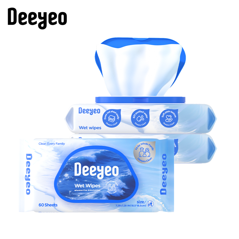 Deeyeo Ocean Vochtige Doekjes – 180 Vellen (60 × 3 Pakken), Vochtige Tissues voor Dagelijkse Hygiëne, Reizen, Kantoor & Gebruik voor Onderweg, Zacht & Huidvriendelijk