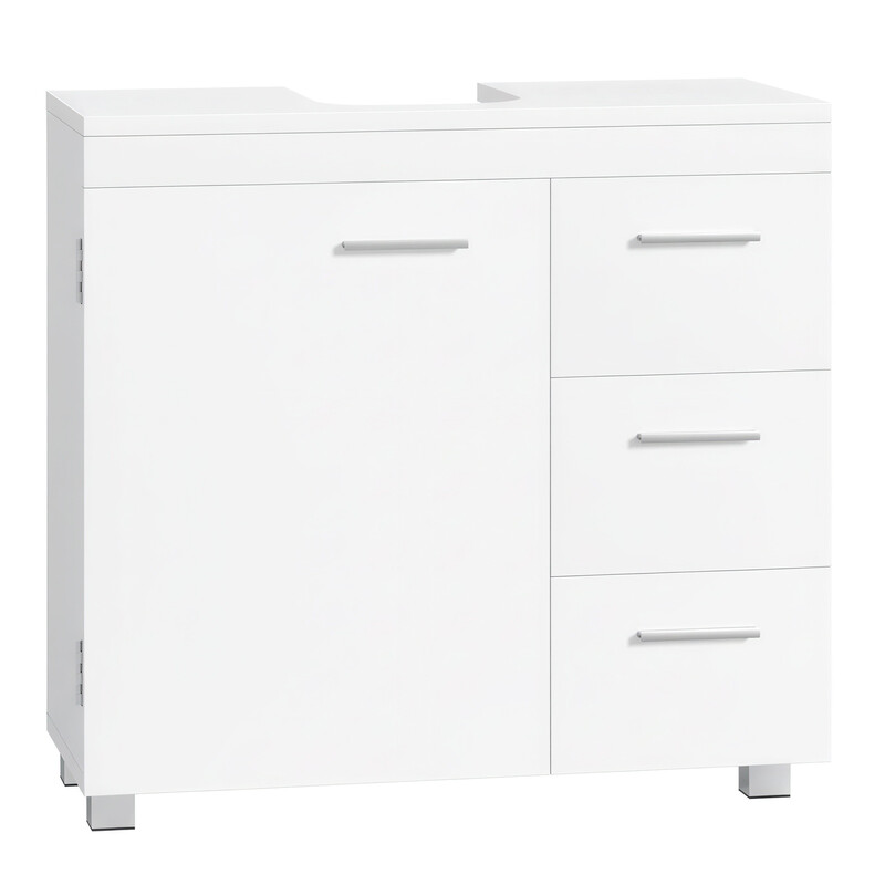 JOYFURNOS Unterschrank für Waschbecken im Badezimmer, Mattweiß, 30 x 70 x 63,8 cm – Aufbewahrungseinheit mit Füßen, 3 Schubladen und 2 Fächer hinter der Tür, für Waschbecken mit Sockel