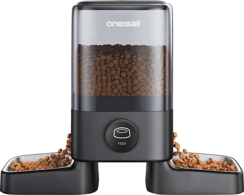 Oneisall automatische draadloze batterijgevoede voerautomaat met twee kommen, zonder wifi PF09