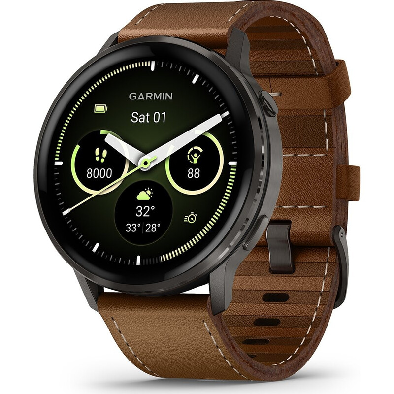 Garmin Venu 4 45 mm Smartwatch - Zwart - Donkerbruine Leren Band