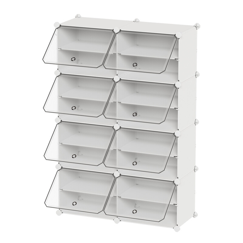 JOYFURNOS Interlocking Shoe Rack, Plastic Shoe Storage Cabinet, 16-Slot Modular Storage Unit, with Doors, Steel Frame, White