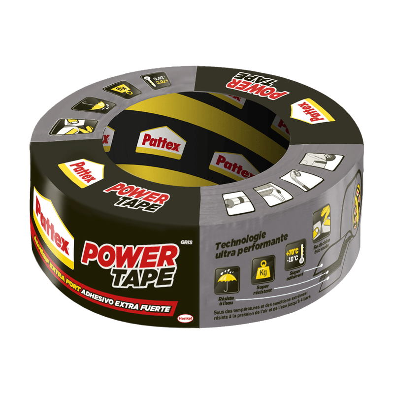 Henkel Pattex Power Tape, Ruban adhésif gris de 50m, extra fort pour charges lourdes, Bande adhésive toilée tous supports, Rouleau adhésif étanche