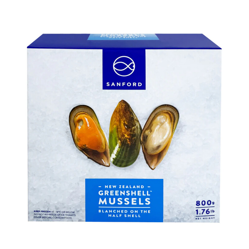 SANFORD Frozen Greenshell Mussels Half Shell IQF 800g