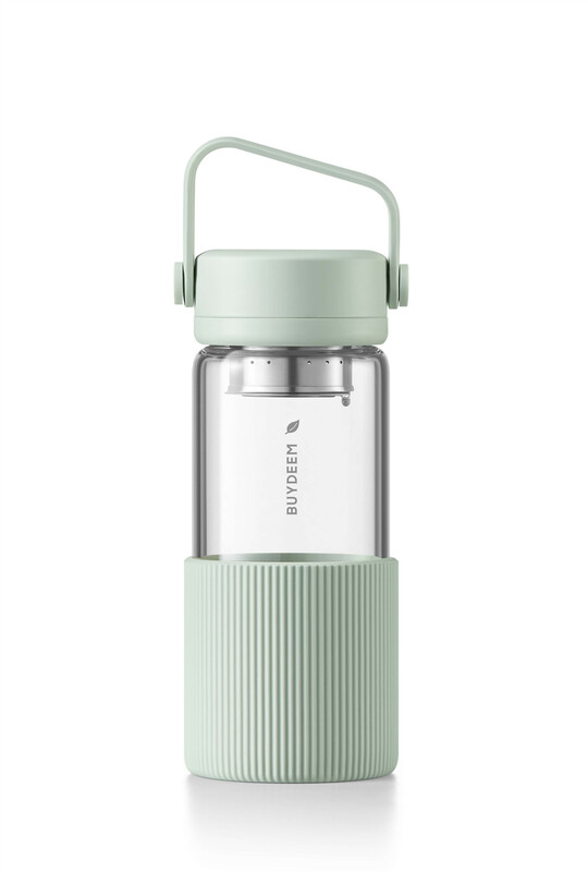 BUYDEEM Draagbare glazen theefles met uitneembare roestvrijstalen theefilter, afgesloten en lekvrij, Uitneembare siliconen bescherming tegen brandwonden, FDA-goedgekeurde materialen, 470 ml, knus groen