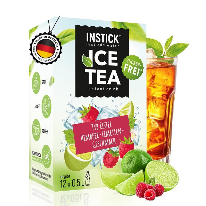 INSTICK Eistee Getränkepulver – Himbeere & Limette 12 Sticks je 0,5–1 L – Zuckerfreies Erfrischungsgetränk mit Vitamin C & Schwarztee-Extrakt – Für bis zu 12 L Wasser mit Geschmack