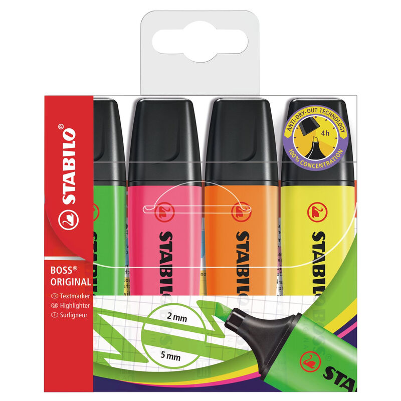 STABILO BOSS ORIGINAL - Markeerstiften - Set van 4 - Geel, Oranje, Groen, Roze