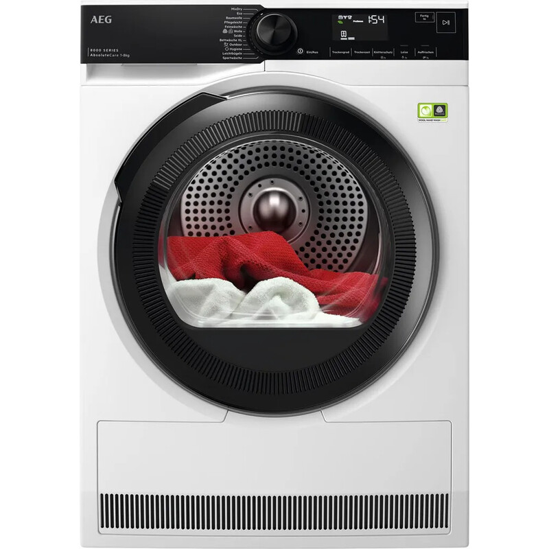 AEG 8 kg Wärmepumpentrockner – AbsoluteCare Wolle & Seide, MixDry & ProSense Auto Load, Hygiene 99,9 % Bakterienentfernung, Energieklasse B