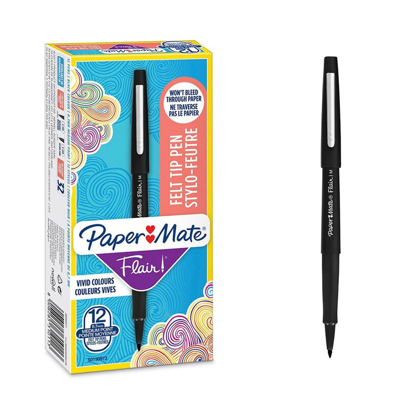 Flair Medium Felt Tip Pen Black, Pack of 12