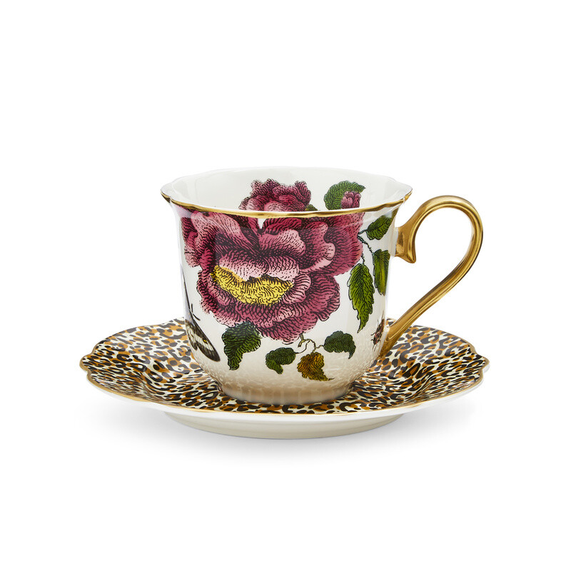 Creatures of Curiosity Fluted Tea Cup and Saucer - White/Leopard