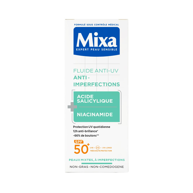 Mixa Fluide Quotidien Anti UV & Anti Imperfections SPF 50+ Très Haute Protection Acide Salicylique et Niacinamides Anti Boutons et Brillance Effet Matifiant 40 ml