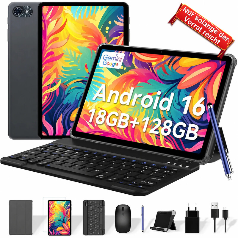 【Ausgewählte Angebote, solange der Vorrat reicht! 】TABWEE T80 Tablet 10" Android 16, 18 GB (6+12) RAM + 128 GB ROM (2 TB TF), 6000 mAh Tablet mit Tastatur, 5 MP + 2 MP, Gemini AI 3.1 Pro, 5G WiFi, GPS, Face ID