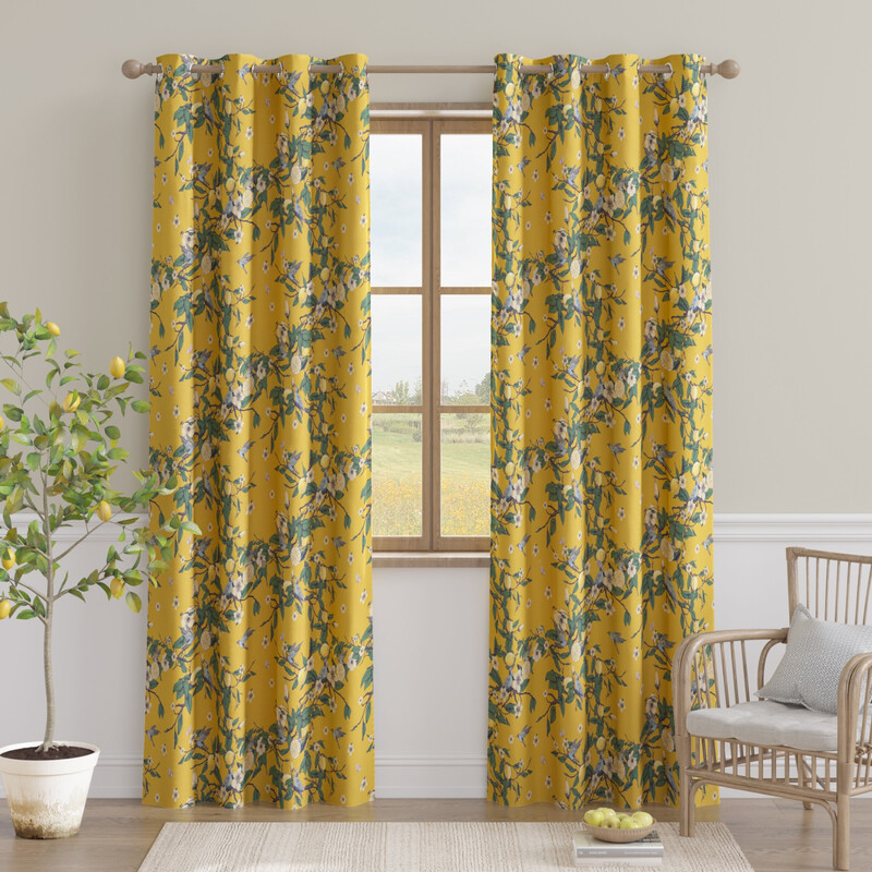 PONY DANCE Mid Century Illustration Style Lemon Hummingbird Patterned Room Darkning Curtains for Living Room, Bedroom, 2 Panels, W132 x L245 cm, Mustard Yellow
