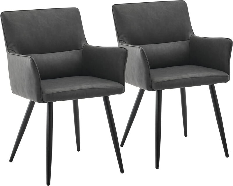 CLIPOP Dining Chairs Set of 2 Grey Faux Leather Padded Kitchen Accent Chair with Armrest and Metal Legs, Lounge Armchair for Living Room Bedroom or Office 0325GY 55*52*83 cm