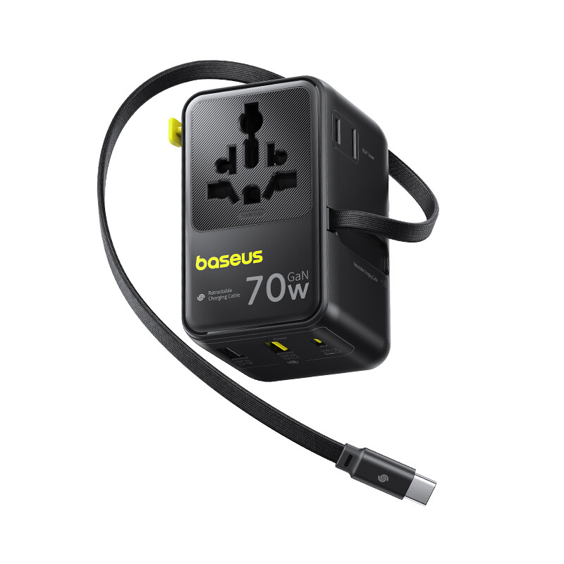 Baseus EnerCore CG11 Travel Converter Plug 2AC+2U+1C+Retractable Cable C 70W Black