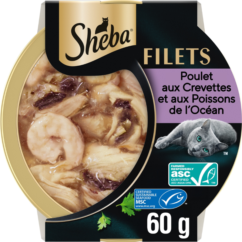 Pâtée Pour Chat Adulte Filets Poulet Crevettes Poisson Sheba La Barquette De 60g