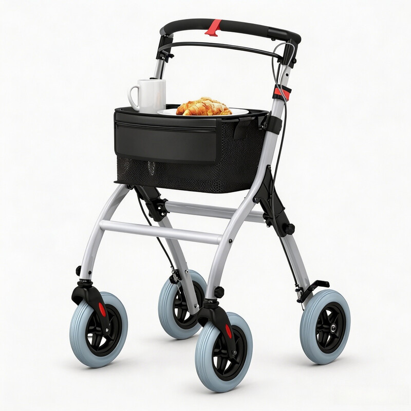 Aluminiumlegering opvouwbare loopwagen voor binnen, 5 standen in hoogte verstelbare armleuningen, PU 8 inch wielen, max. belasting 110 kg, lichtgewicht mobiliteitsloopwagen