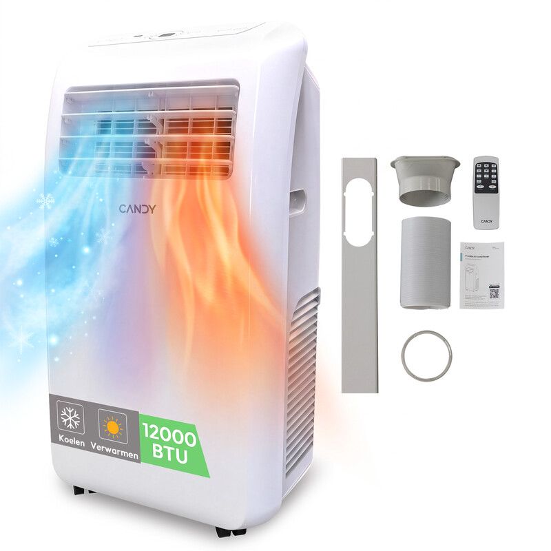 【Zomeruitverkoop】Candy 12000 BTU mobiele airconditioner, 4-in-1 slimme AC-unit, Snelle koeling & verwarming voor ruimtes tot 35 ㎡, 3 snelheden, 24H timer, Inclusief raamkit, Energieklasse A+, Aangedreven door Haier