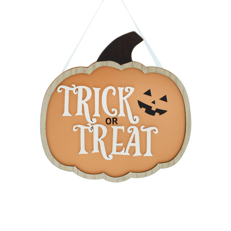 Festive 24Cm Orange Wooden Pumpkin Trick Or Treat Sign