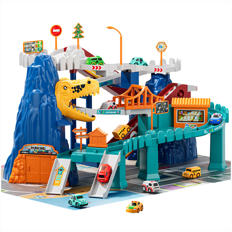 Dinosaurier-Rennstrecke Spielset, Spielzeug für Kinder mit Auto-Werkstatt und Parkabenteuer, mit 10 Mini-Autos, pädagogisches Spielzeug mit Rampe, für Jungen und Mädchen im Alter von 3, 4, 5, 7 und 8 Jahren