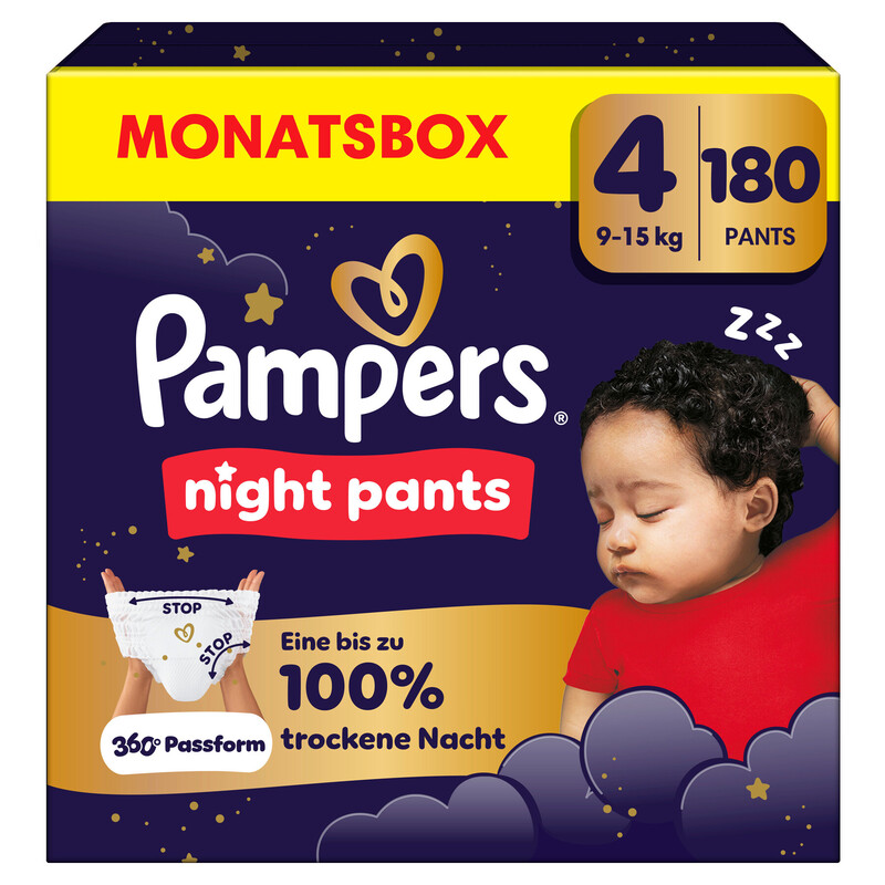 Pampers Baby-Dry Nacht-Höschen Größe 4, 180 Windelhöschen, 9 kg - 15 kg, Pampers Nacht-Höschen bieten die ganze Nacht zusätzlichen Schutz