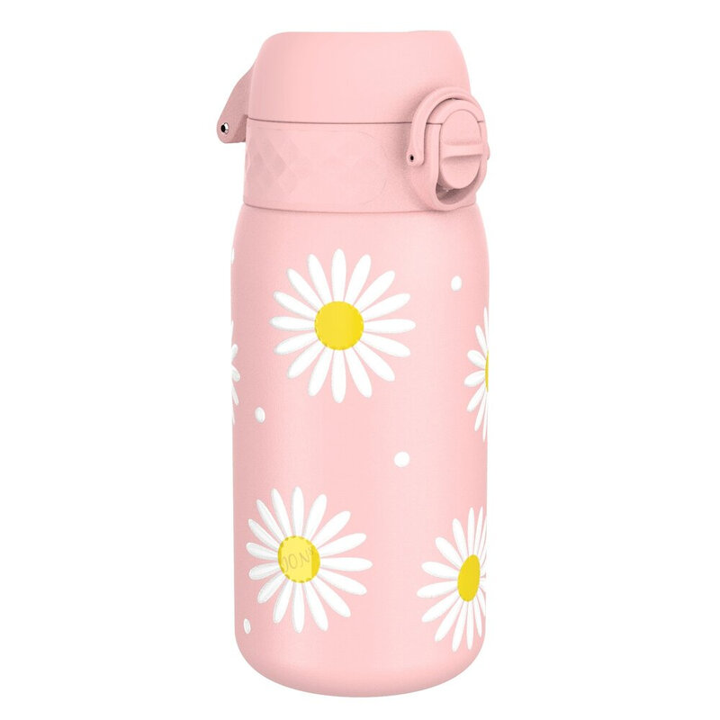 ION8 lichtgewicht roestvrijstalen waterfles voor kinderen, 400 ml/13 oz, niet geïsoleerd, lekvrij, eenvoudig te openen, veilige vergrendeling, vaatwasserbestendig, past in bekerhouders, draaggreep, metalen waterfles, roze, daisjes