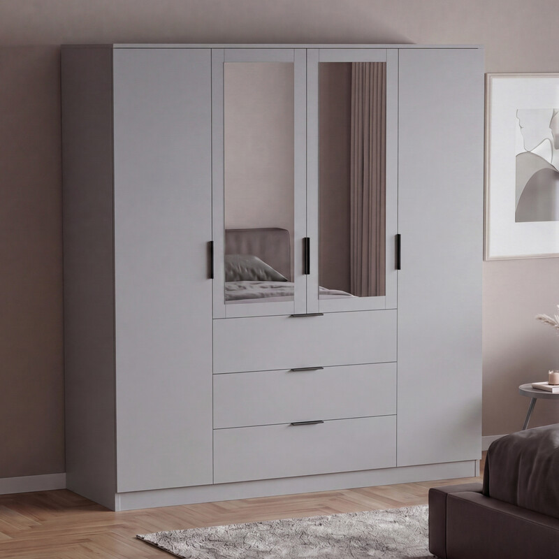 Vida Designs Trega 4 Door 3 Drawer Mirrored Wardrobe, Grey