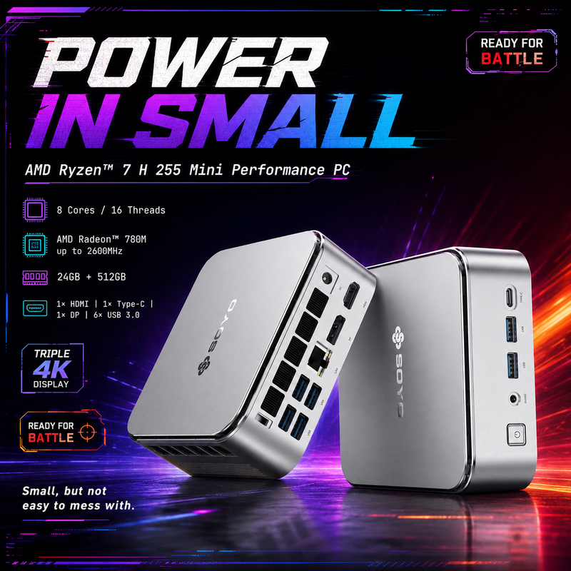 SOYO S4PLUS Mini PC Ryzen 7 H 255 (8C/16T, up to 4.9 GHz) Mini Desktop Computer 24GB LPDDR5 RAM 512GB PCIe3.0 SSD, Micro PC W11 Radeon 780M/6xUSB3.2/1x2.5G LAN/4K 120 Hz