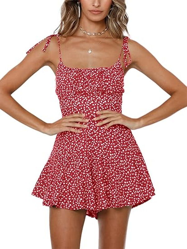 Women's Summer Dress Floral Sleeveless Beach Dress Vintage Mini Dress Coverall Playsu